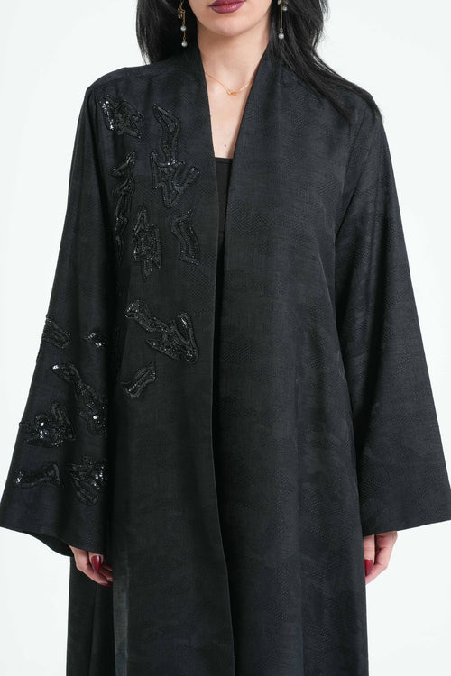 OSH0031 - Black Self-Printed Linen Abaya with Hand Embroidery