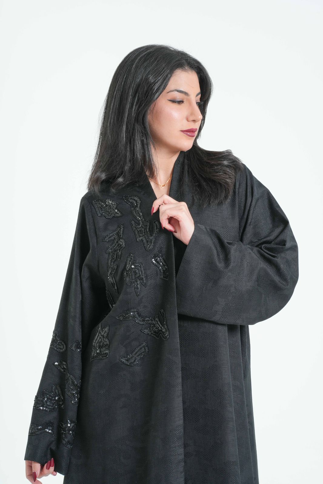 OSH0031 - Black Self-Printed Linen Abaya with Hand Embroidery