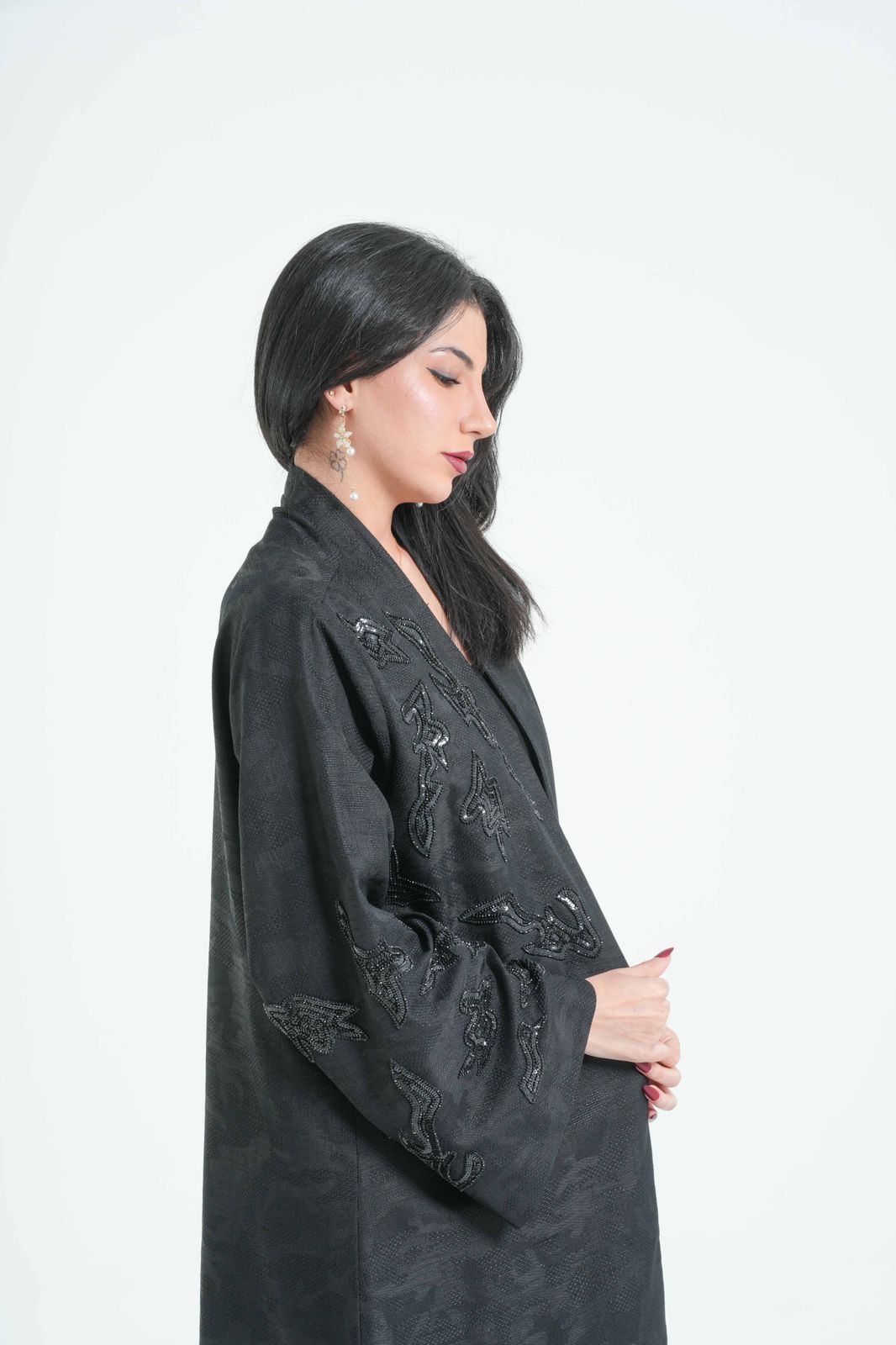 OSH0031 - Black Self-Printed Linen Abaya with Hand Embroidery