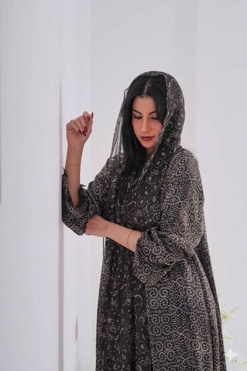 OSH0060 - Black and White Korean Silk Printed Abaya