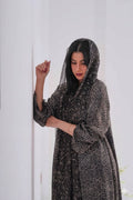 OSH0060 - Black and White Korean Silk Printed Abaya