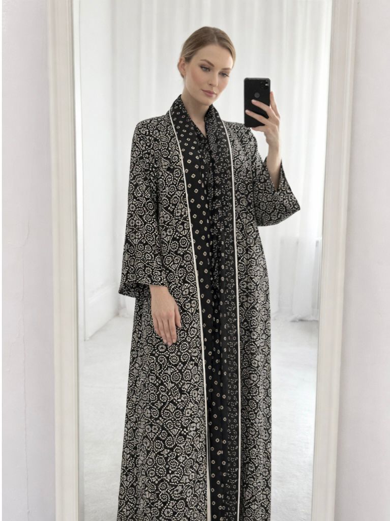 OSH0060 - Black and White Korean Silk Printed Abaya
